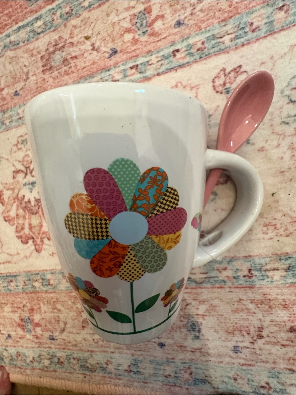 White Ceramic Flower Mug with Pink Spoon